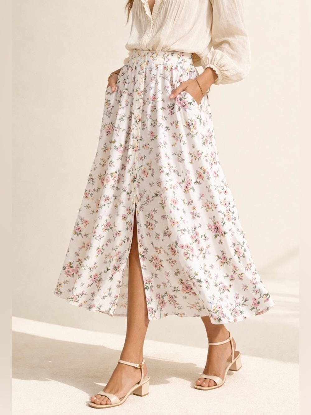 Vintage 90s Prairie Floral Button Front Midi Skirt Romantic 2 pockets Sz M/L - Picture 2 of 15